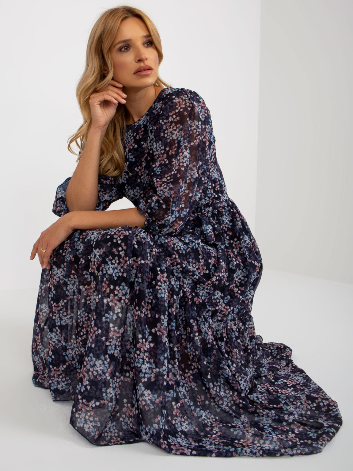 Navy blue floral dress with frills