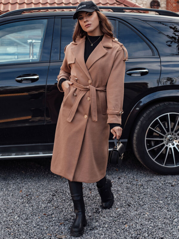 Női oversize kabát GALLERY hosszú nyakkendővel derékban camel Dstreet