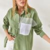 Olalook Mildew Green Pocket Detailed Oversize Woven Shirt
