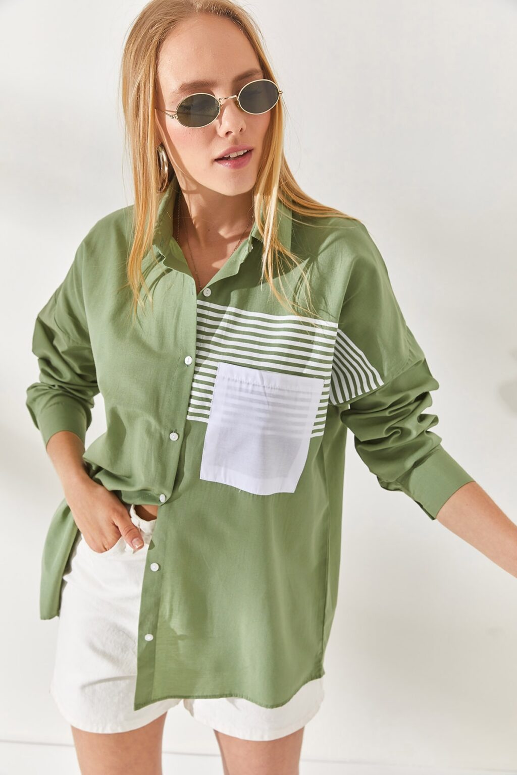 Olalook Mildew Green Pocket Detailed Oversize Woven Shirt