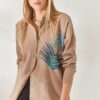 Olalook Mink Palm Sequin Detailed Oversize Woven Poplin Shirt