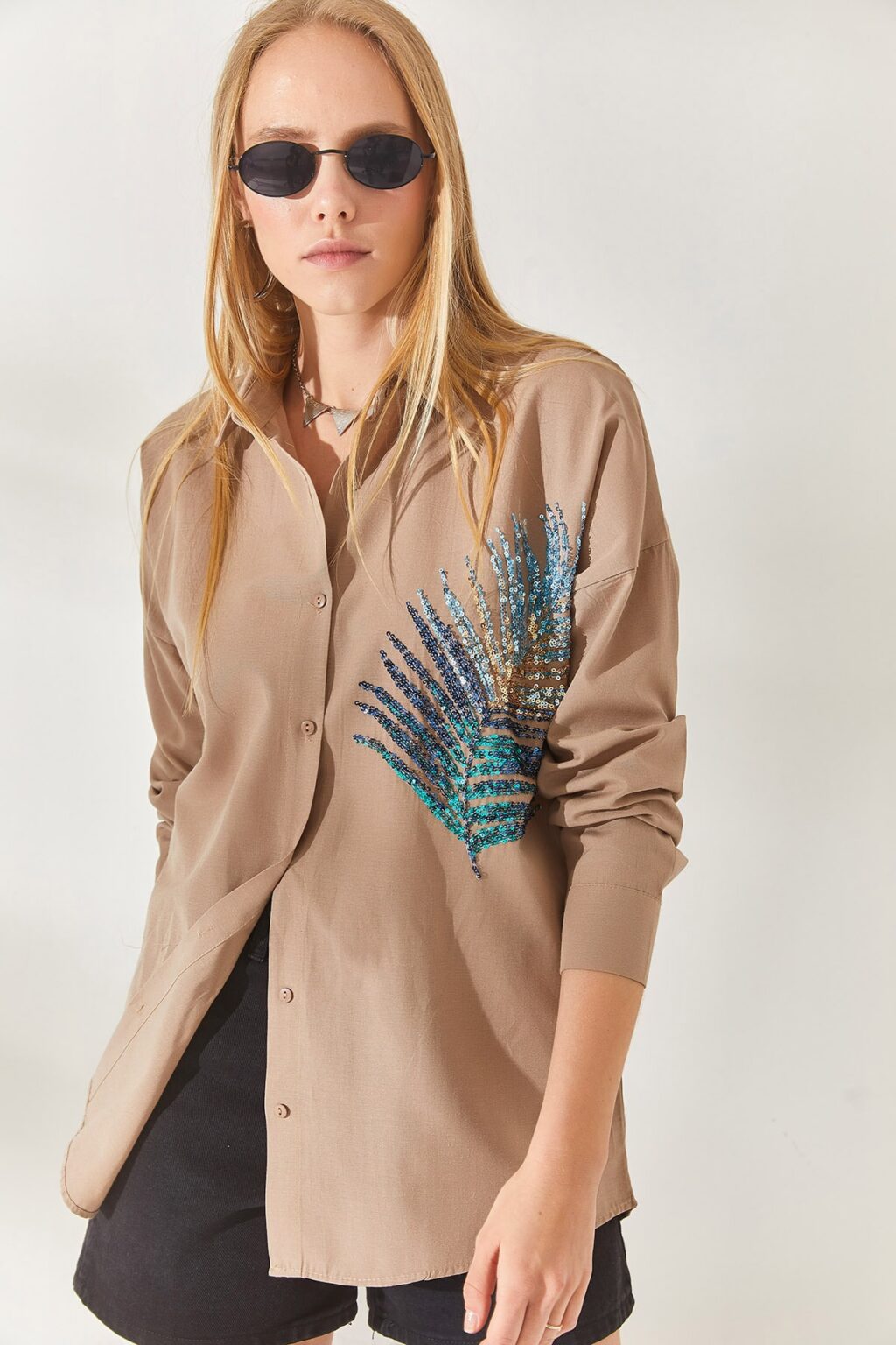 Olalook Mink Palm Sequin Detailed Oversize Woven Poplin Shirt