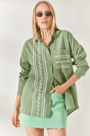 Olalook Mustard Green Pocket Detailed Printed Woven Shirt