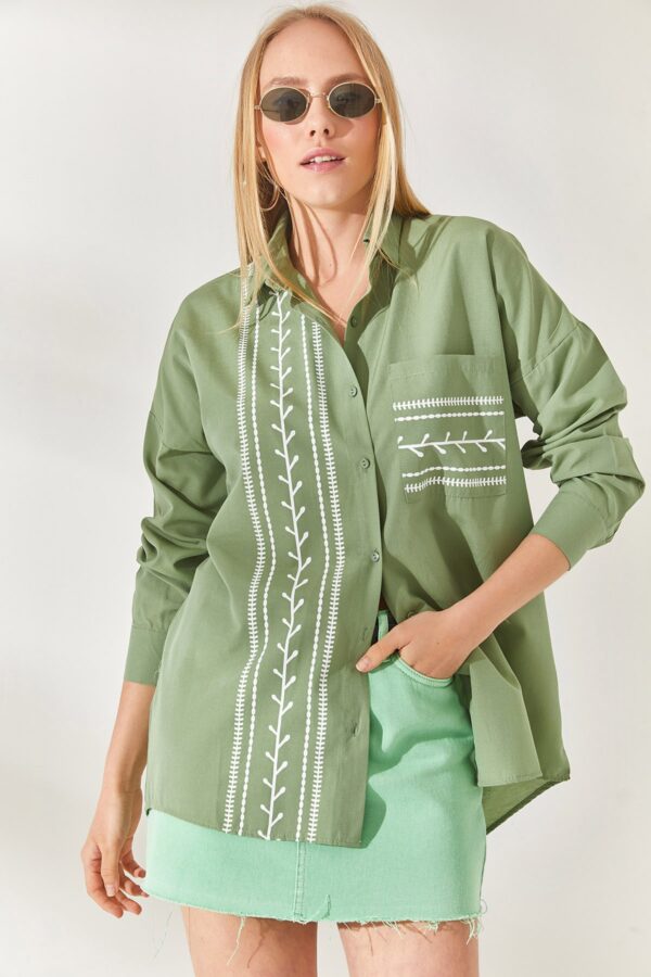 Olalook Mustard Green Pocket Detailed Printed Woven Shirt