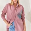 Olalook Pale Pink Palm Sequin Detailed Oversize Woven Poplin Shirt