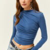 Olalook Women's Indigo High Neck Gathered Detailed Lycra Blouse