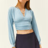 Olalook Women's Baby Blue Deep Decollete Banded Waist Crop Blouse