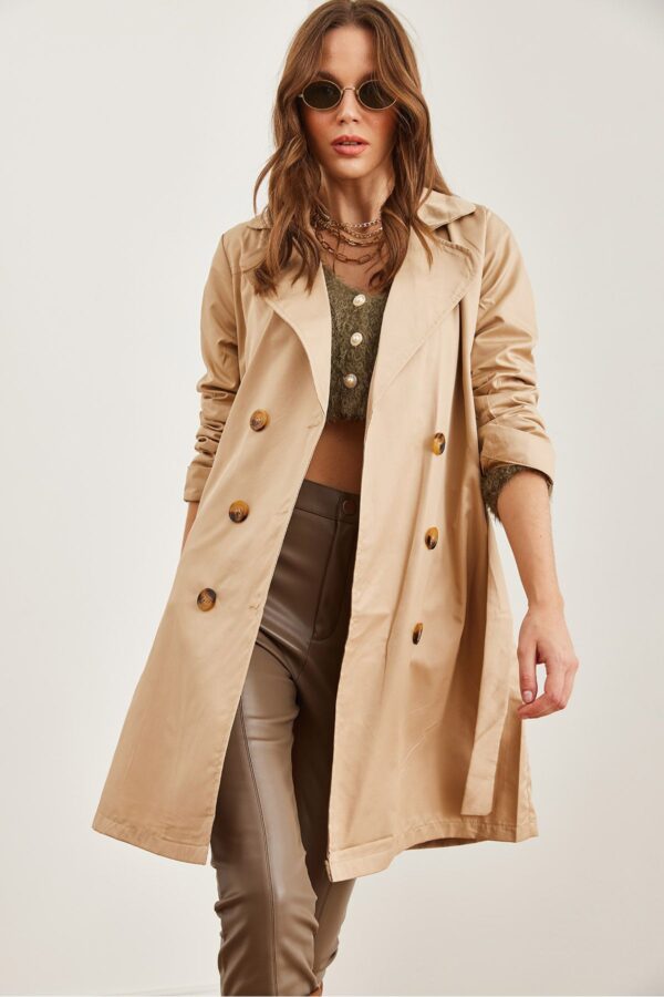 Olalook Women's Beige Buttoned Pocket Unlined Thin Trench Coat