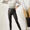 Olalook Women's Black High Waist Inner Fleece Matte Faux Leather Leggings