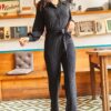 Olalook Women's Black Shirt Collar Belted Soft Textured Playsuit