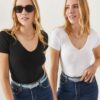 Olalook Women's Black-White V-Neck Short Sleeve 2-Piece Set Blouse