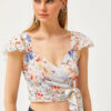 Olalook Women's Blue Floral Side Zipper Sleeve Detailed Mos Crepe Blouse