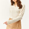 Olalook Women's Bone Polo Neck Fine Knitwear Sweater