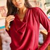 Olalook Women's Burgundy Shoulder Pleated Degashed Collar Loose Knitted Blouse