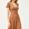 Olalook Women's Camel Double Breasted Collar Short Sleeve Mini Flared Dress