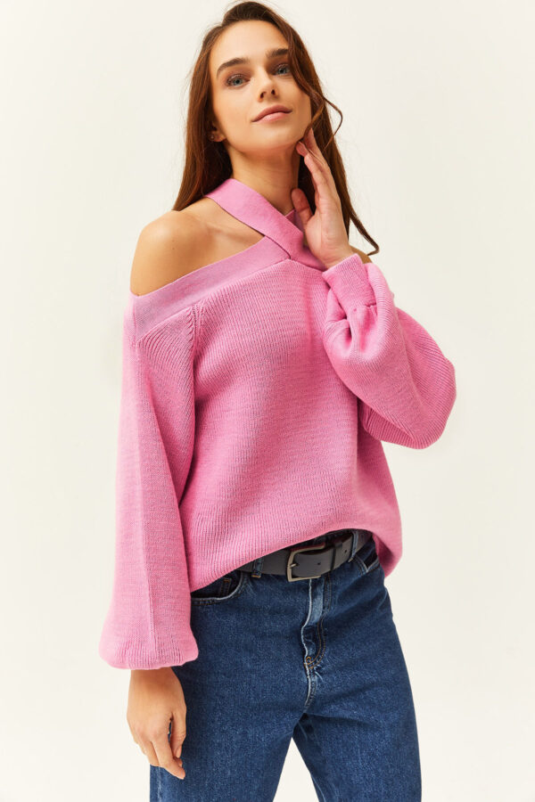 Olalook Women's Candy Pink Cross Neck Knitwear Sweater