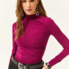 Olalook Women's Cherry Brown High Neck Gathered Detailed Lycra Blouse