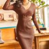 Olalook Women's Dark Brown Double Breasted Knitwear Dress