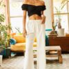 Olalook Women's Ecru Loose Gabardine Pants with Elastic Waist and Tasseled Legs