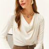 Olalook Women's Ecru Padded Pleated Collar Blouse