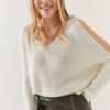 Olalook Women's Ecru V-Neck Decollete Loose Knitwear Blouse