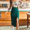Olalook Women's Emerald Green Slit and Draped Detailed Zippered Midi Sandy Skirt