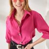 Olalook Women's Flamed Fuchsia Wooden Buttoned Three Quarter Sleeve Linen Shirt
