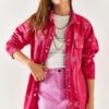 Olalook Women's Fuchsia Embroidered Oversized Cotton Shirt Jacket with Pocket
