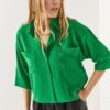 Olalook Women's Grass Green Two Pockets Crop Aerial Shirt