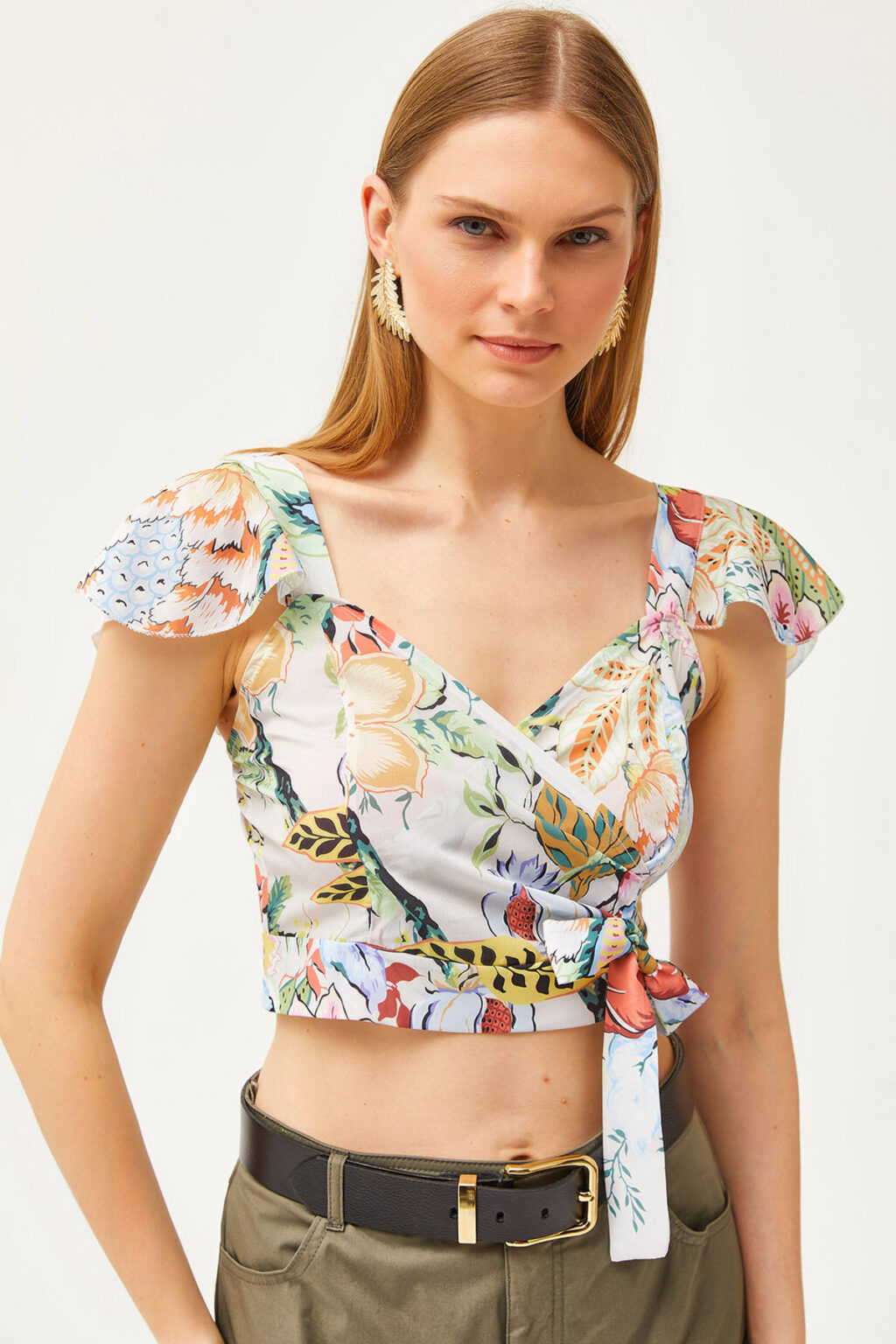 Olalook Women's Jungle Multicolored Mos Crepe Blouse with Side Zipper and Sleeve Detail