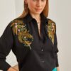 Olalook Women's Leaf Black Embroidery Detailed Oversize Woven Shirt