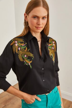 Olalook Women's Leaf Black Embroidery Detailed Oversize Woven Shirt