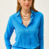 Olalook Women's Leopard Blue Jacquard Satin Detailed Woven Shirt