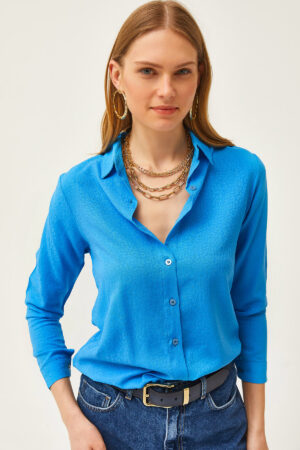 Olalook Women's Leopard Blue Jacquard Satin Detailed Woven Shirt