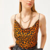 Olalook Women's Leopard Orange Turndown Collar Rope Strappy Blouse