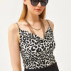 Olalook Women's Leopard White Turndown Collar Rope Strappy Blouse