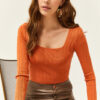 Olalook Women's Onion Skin Square Neck Thick Ribbed Knitwear Blouse