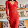 Olalook Women's Red Double Breasted Knitwear Dress
