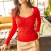 Olalook Women's Red Hair Knit Detailed Heart Neck Ribbed Knitwear Blouse