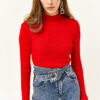 Olalook Women's Red Half Turtleneck Zigzag Textured Soft Knitwear Sweater