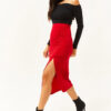 Olalook Women's Red Slit Draped Detail Zippered Midi Sandy Skirt