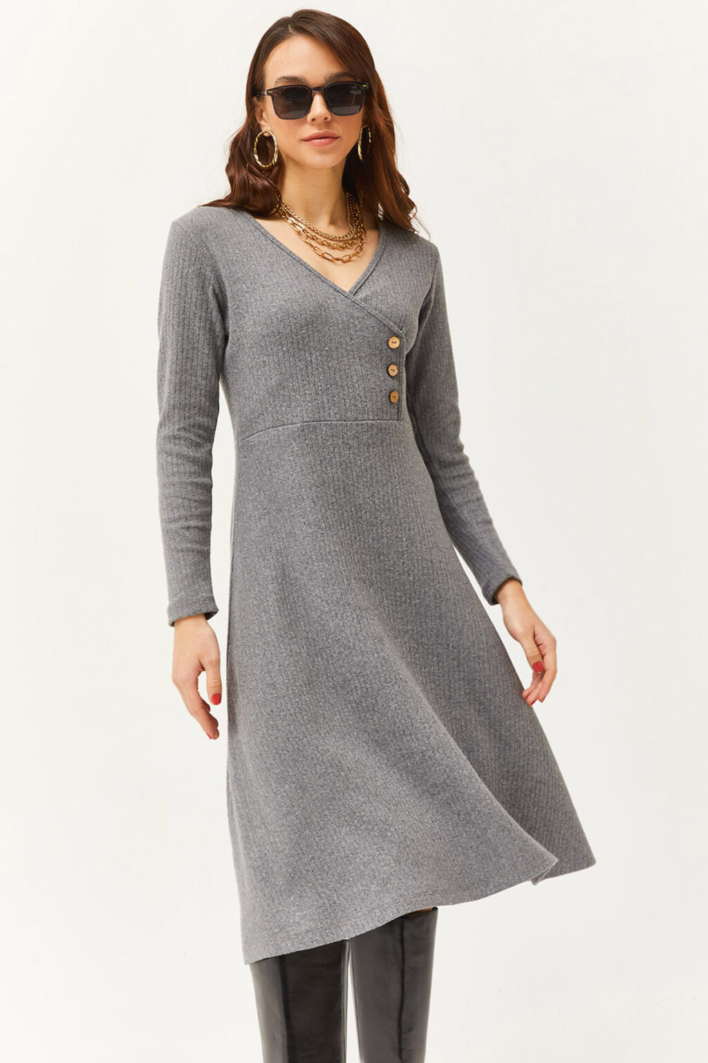 Olalook Women's Smoky Button Detail Double Breasted Midi A-Line Dress