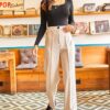 Olalook Women's Stone Stitching Detail Wide Leg Wool Effect Trousers