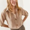 Olalook Women's Stone Wood Buttoned Three Quarter Sleeve Linen Shirt