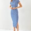 Olalook Women's Striped Saxe Blue Short Sleeve Slit Skirted Lycra Suit