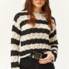 Olalook Women's White Black Crew Neck Striped Openwork Seasonal Knitwear Blouse