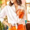 Olalook Women's White Orange Pocket Detailed Oversize Woven Shirt