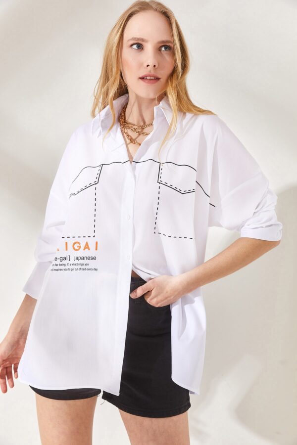 Olalook Women's White Printed Oversized Shirt with Side Buttons
