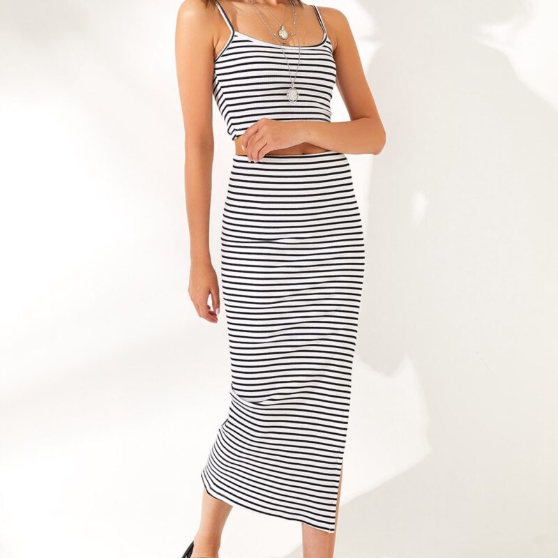 Olalook Women's White Top Strap Striped Suit with Bottom Slit
