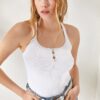 Olalook Women's White Tricot Knitwear With Triangle Back Crossover